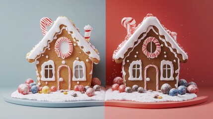 Gingerbread house and candy decorations flat design side view cozy home theme 3D render Split