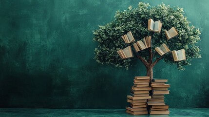 Literacy Tree Celebration, a vibrant tree adorned with colorful books as leaves, symbolizing growth through knowledge, highlighting the importance of literacy worldwide.