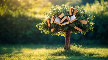 Literacy Growth, a vibrant tree adorned with books for leaves, symbolizes the flourishing power of knowledge and education on International Literacy Day.