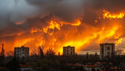 Dramatic city skyline silhouette at sunset with clear space for text on the left side