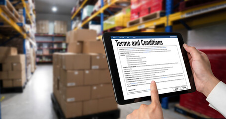 Digital legal contract provide terms and conditions document on computer screen ready for online...