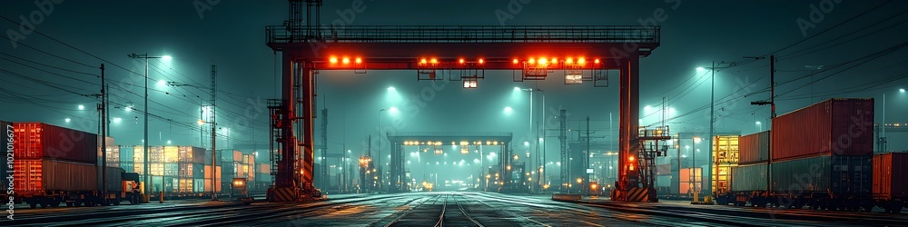 Poster glowing cargo port at night with towering cranes and stacked containers in a panoramic view of the i