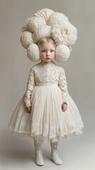 Fototapeta premium A little girl wearing a white dress and a fluffy hat
