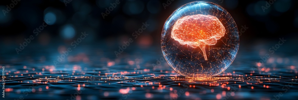 Poster Glowing digital brain sphere with futuristic neural network connections,representing intelligence,technology,data processing,and the future of innovation and scientific research.