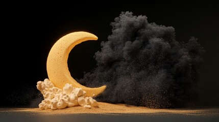 Spooky moon made from lemon meringue and black sugar dust, 3D illustration