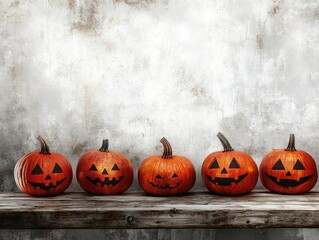 Halloween pumpkins on wooden table against aged white wall