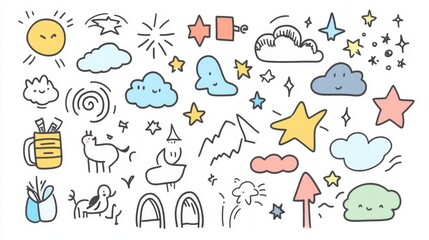 Fototapeta premium Cute hand-drawn doodles with whimsical shapes.