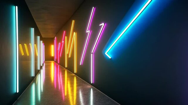 A corridor illuminated with vibrant neon lights, creating a futuristic and artistic atmosphere, evokes notions of modernism and technological advancement.