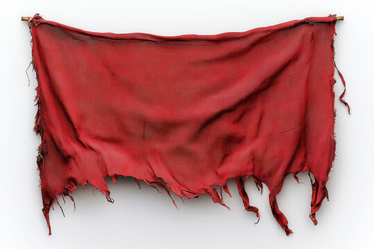 This aged, red textile with frayed edges hangs dramatically against a stark white background, showcasing its distressed texture and rich historical feel.