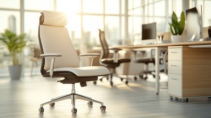 A high-tech [office chair] with ergonomic design, black leather with chrome finish, Picture taken by camera 35mm+ lens