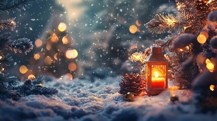 Christmas lantern glowing in the snow with pinecones and bokeh lights