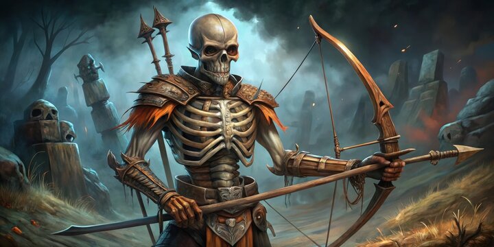 The skeletal archer stands vigilant, his bony hand clutching a bow, ready to unleash a deadly arrow in the midst of a haunting graveyard.