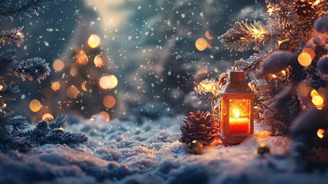 Christmas lantern glowing in the snow with pinecones and bokeh lights