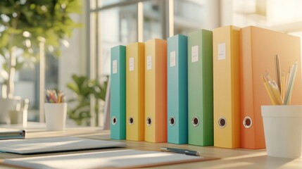 Obraz premium A vibrant [office folder] with colorful tabs, neatly arranged on a desk, Picture taken by camera 35mm+ lens