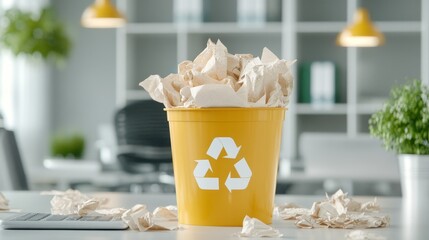 A designer [office bin] with crumpled paper around it, artistic office space, Picture taken by camera 35mm+ lens