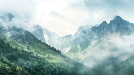 Serene Watercolor Landscape of Majestic Mountains, vibrant hues blending in soft strokes, capturing the essence of towering peaks and gentle valleys under a tranquil sky.