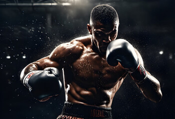 A boxer throws a straight punch, his boxing suit soaked with sweat, the light from the side shows the sweat droplets floating in the air. - Generative AI