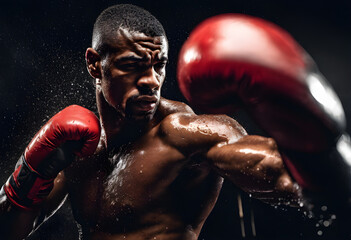 A boxer throws a straight punch, his boxing suit soaked with sweat, the light from the side shows the sweat droplets floating in the air. - Generative AI