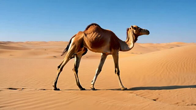 A camel walking gracefully across a vast desert landscape under a clear blue sky.