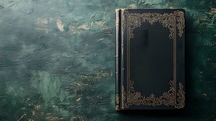 A black leather book with decorative borders