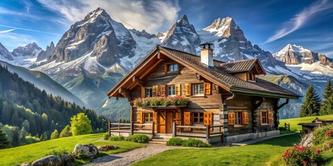 Fototapeta premium A Rustic Cabin Nestled Amidst Majestic Mountain Peaks, Adorned with Vibrant Blooms and Surrounded by Lush Greenery