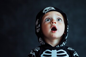 Fototapeta premium Cute little halloween boy with toy eyes looking up and open mouth with shocked and delight copy space wearing Halloween costume skeleton on dark background with space for text. with generative ai