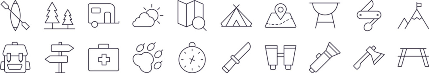 Backpack, Map Pin, Camping, Travel, Vacation Outline Icon Collection. Editable Stroke. Perfect for Infographics, Articles, Books, Flyers, Banners