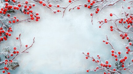 Frosty Christmas border with icy branches and snow-dusted red berries, capturing the cold and hopeful joy of new beginnings. Copy space in the center.
