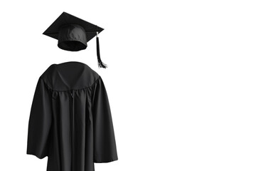 Black graduation gown and cap on white isolated background.