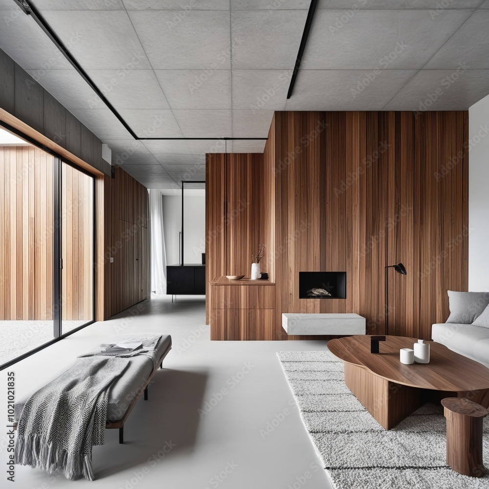 Wall mural Minimalist Interior design with wooden and concrete wall