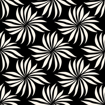Fototapeta Simple black and white floral seamless pattern. Abstract vector background with flower silhouettes, leaves, petals, repeat tiles. Elegant monochrome botanical ornament texture. Repeated minimal design
