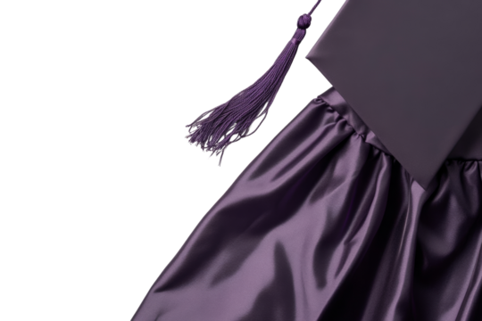 Close-up of a purple graduation robe and cap with tassel, isolated on a white background, symbolizing academic achievement.