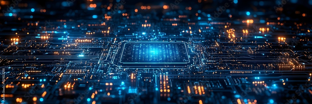 Poster Intricate Futuristic Digital Circuit Board Backdrop with Glowing Technological Patterns and Abstract Connectivity Concept. High-Tech Computer Chip and Wiring System Design Background.