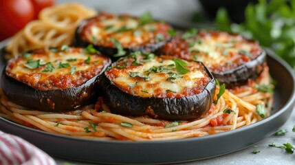 A plate of baked eggplant parmesan topped with marinara sauce and melted mozzarella cheese, served with a side of spaghetti
