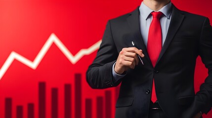 Businessman Analyzing Financial Charts and Data on Red Background