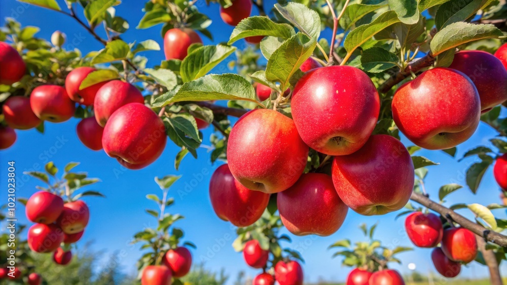 Aufkleber a vibrant display of ripe red apples hanging from the branches of an apple tree, their glossy surfac