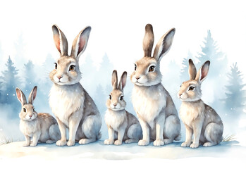 Fototapeta premium Cute Winter Bunny Rabbit Family Portrait Digital Watercolor Illustration for Christmas Cards, with Light Forest Background