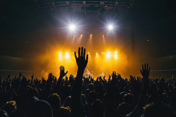 concert crowd raising hands under bright stage lights creates an electrifying atmosphere.