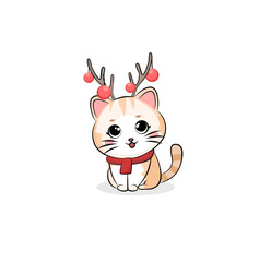 Cute cat with red scarf and deer antlers. Cute New Year cat. Vector illustration