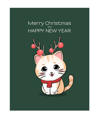 Cute cat with deer antlers. Merry Christmas and Happy New Year background, greeting card, poster, holiday cover. Xmas template in modern minimalist style for web, social media, print