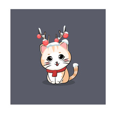 Cute cat with red scarf and deer antlers. Cute Christmas Cat. Vector illustration