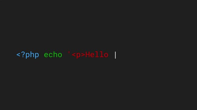 Animation Hello World text, first code in teaching programming PHP language, 4K resolution Video 