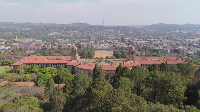 Orbit around Union Buildings, seat of government, overlooking Pretoria city centre with skyscrapers