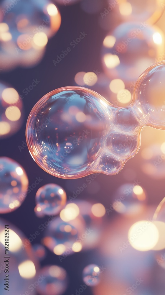 Poster close-up view of shimmering soap bubbles floating against a softly blurred background with warm ligh