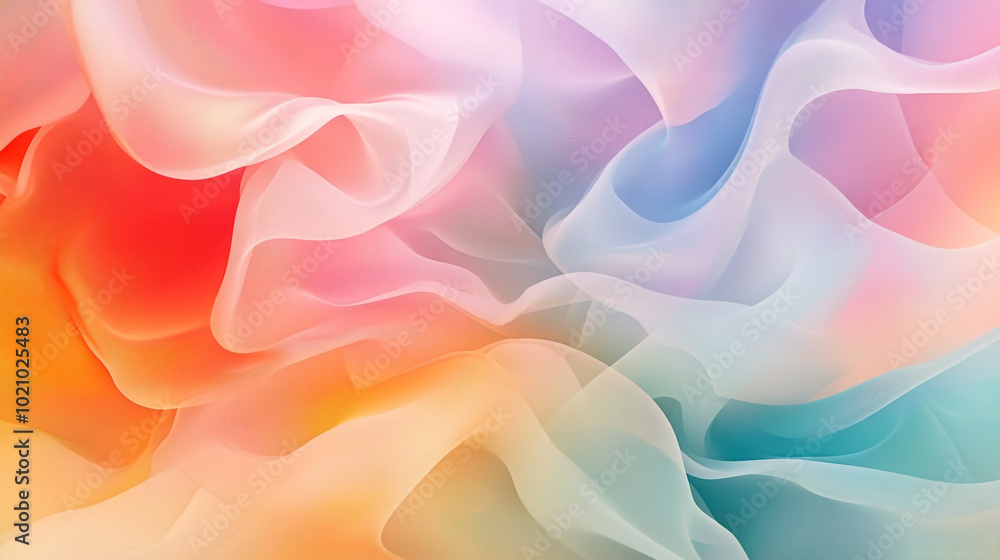 Poster an abstract background with flowing, colorful shapes that resemble fabric or liquid forms, creating 
