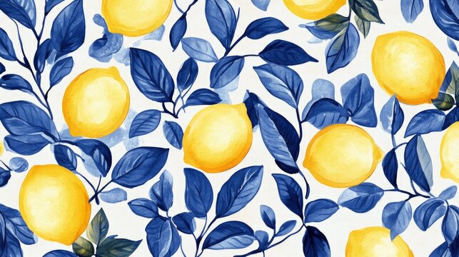 Mediterranean tile pattern featuring blue ornaments, vibrant plants, basil leaves, and yellow lemons, ideal for decorative design or floral mosaic projects.