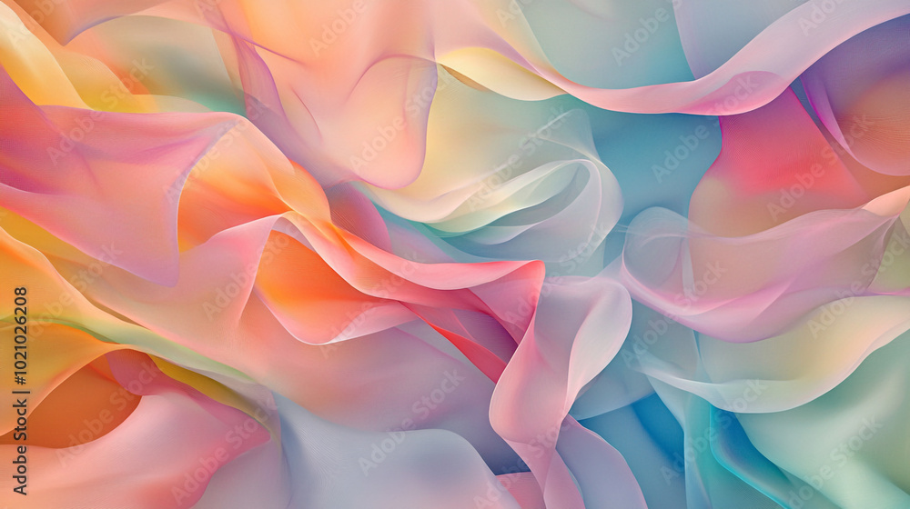 Poster an abstract background with flowing, colorful shapes that resemble fabric or liquid forms, creating 