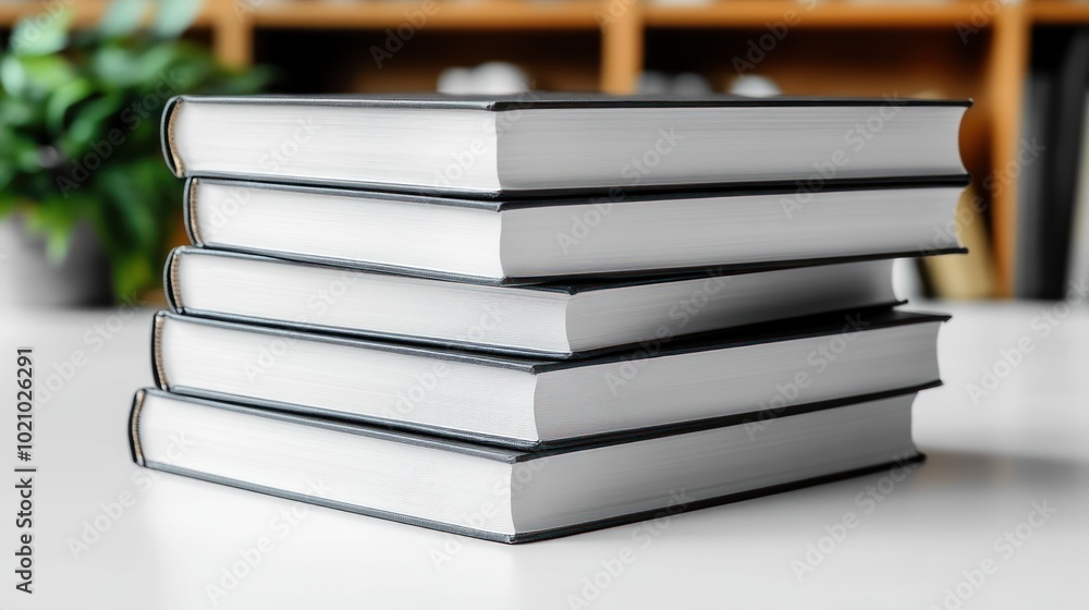 Poster a stack of neatly arranged books on a table.