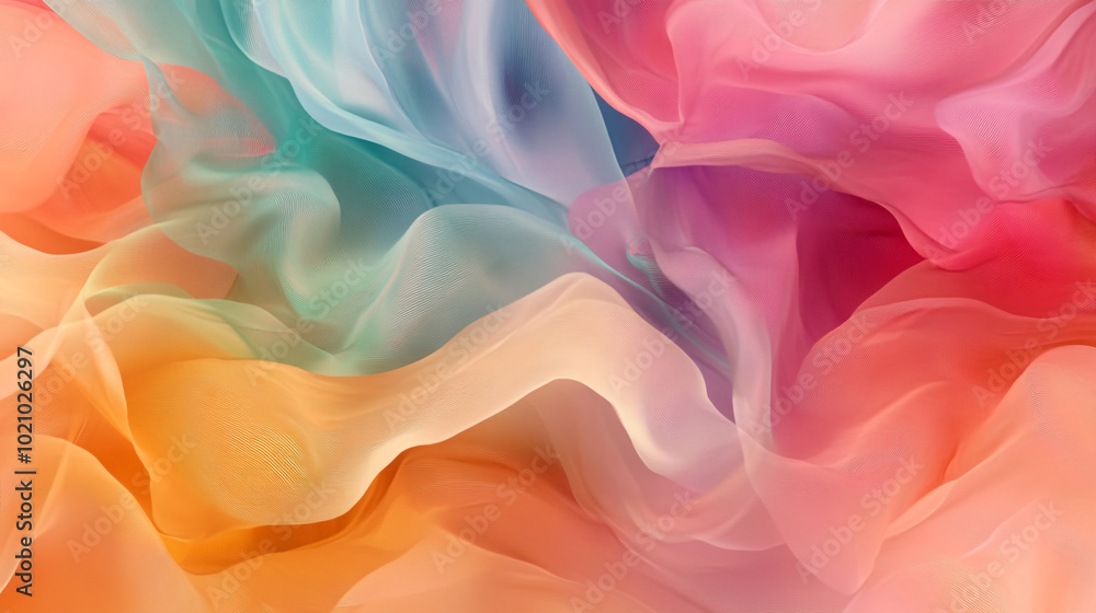 Poster an abstract background with flowing, colorful shapes that resemble fabric or liquid forms, creating 