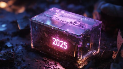 futuristic time capsule made of vibranium, projecting a holographic year 2025, and has specks of dirt from being unearthed recently
